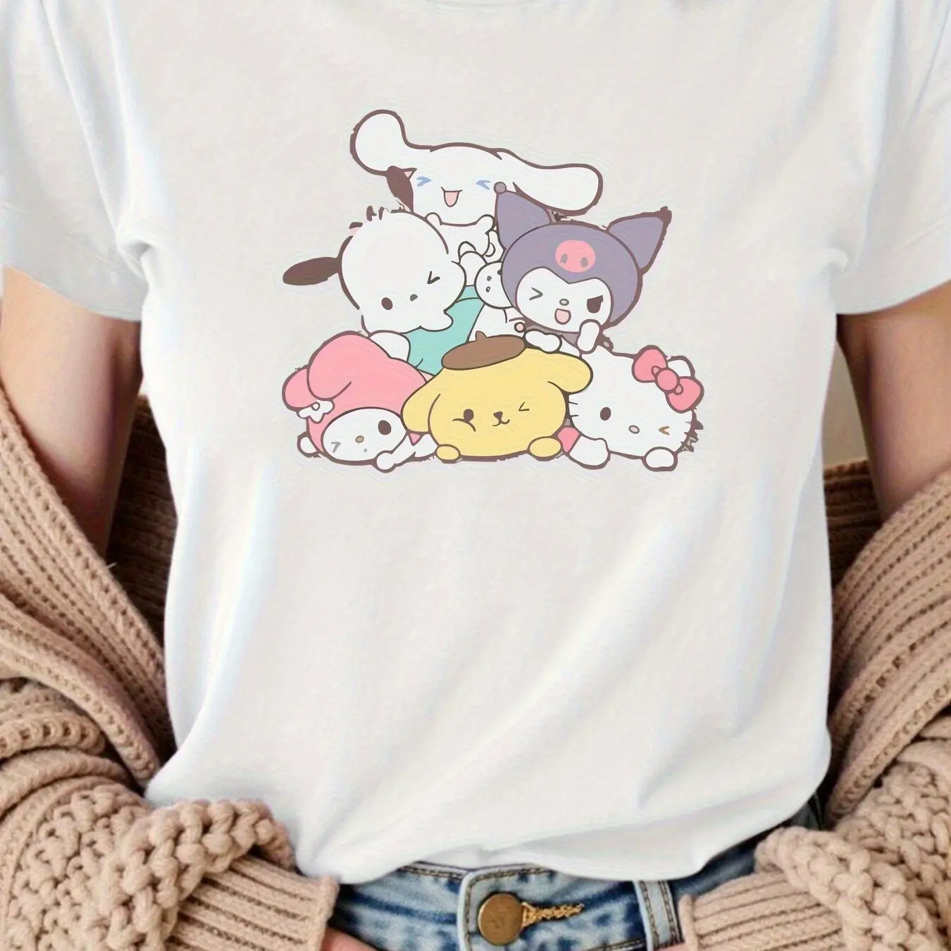 

Sanrio Women's Casual Short Sleeve Crew Neck T-Shirt - Regular Fit Solid Color with Cute Sanrio Character Print