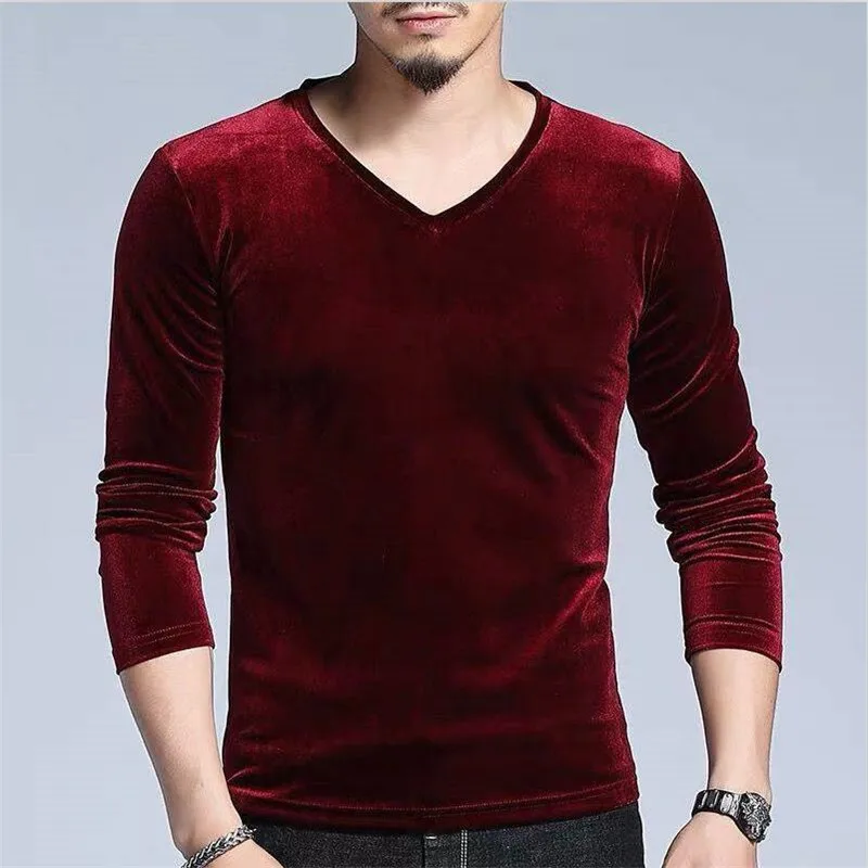 2024 Autumn Men Slim Fitness Velvet T-Shirts Vintage Long sleeves Tee Tops V-Neck Velour Shirts Plus Size M-7XL