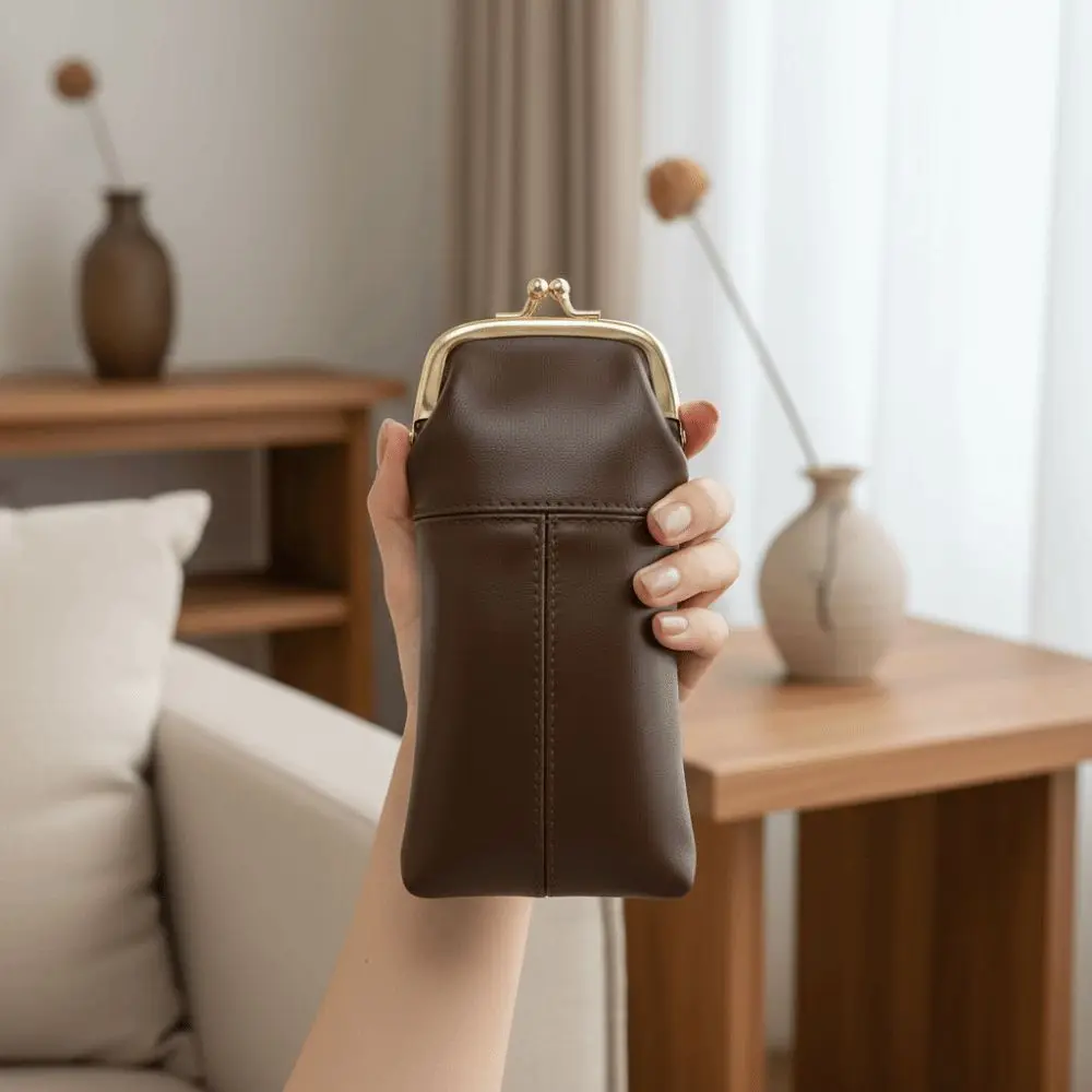 Secure Closure Leather Kiss Lock Purse Metal Frame Multi-Functional Retro Clasp Eyeglasses Bag Exquisite Large Capacity