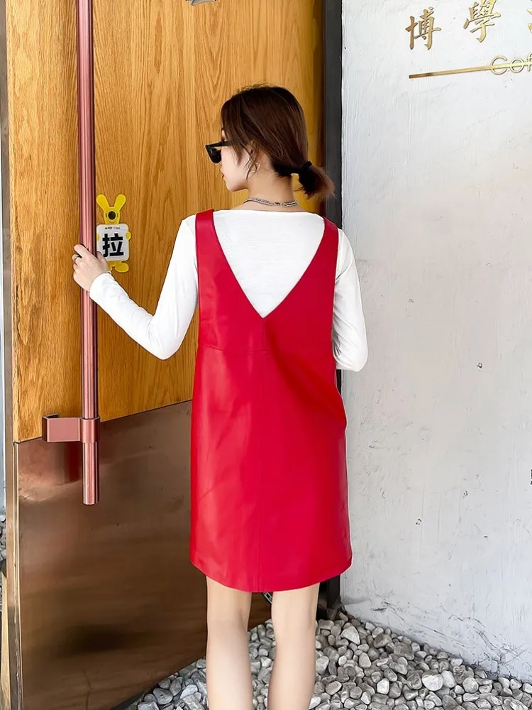 Robe en cuir véritable pour femmes, ajourée, en peau de mouton, taille haute, coupe ample, décontractée, débardeur, pull sans manches, robe courte trapèze