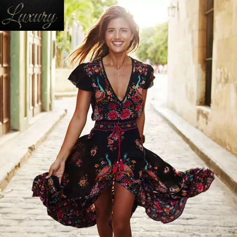 

2024 New Women Summer Boho Beach Maxi Dress Sexy V Neck Vintage Print Long es Casual Sundress