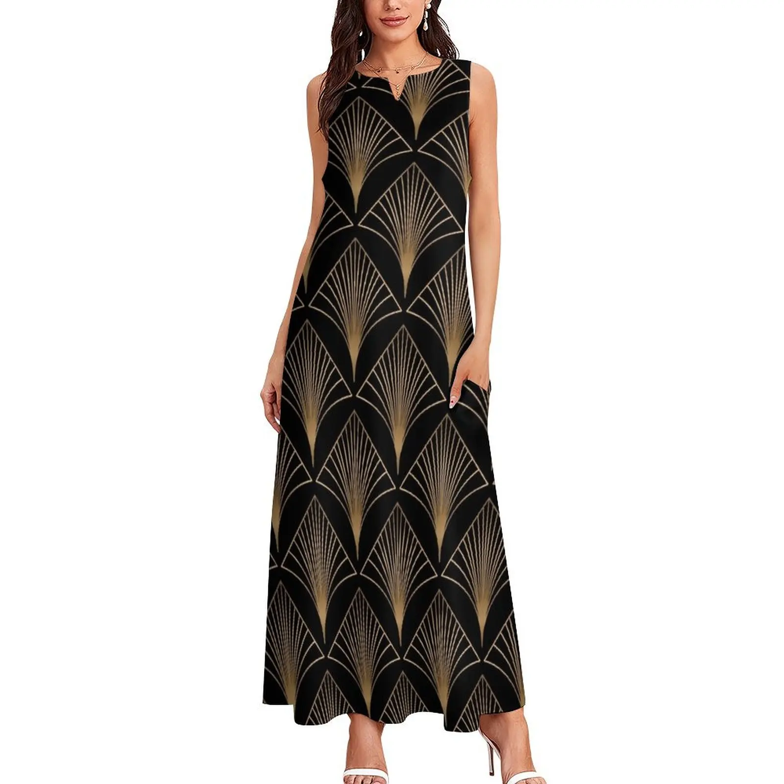 Art Déco geometrico oro nero modello abito lungo abito di lusso abito da donna elegante abbigliamento di lusso ballo di fine anno femminile