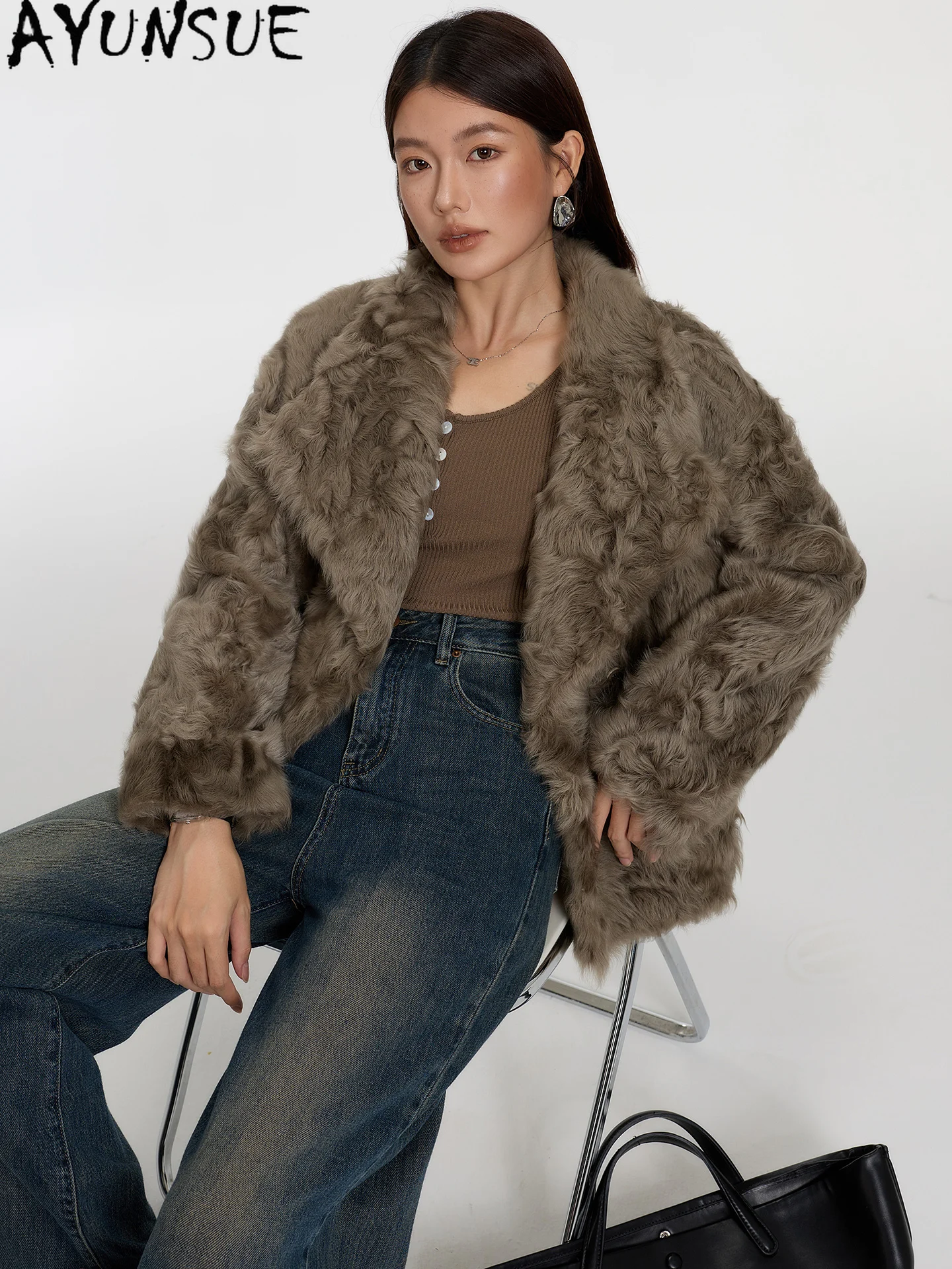 معطف فرو من جلد الغنم الطبيعي من AYUNSUE معاطف نسائية من صوف الضأن معاطف من الفرو الحقيقي ملابس شتوية من الجلد الطبيعي طراز جديد للسيدات #3