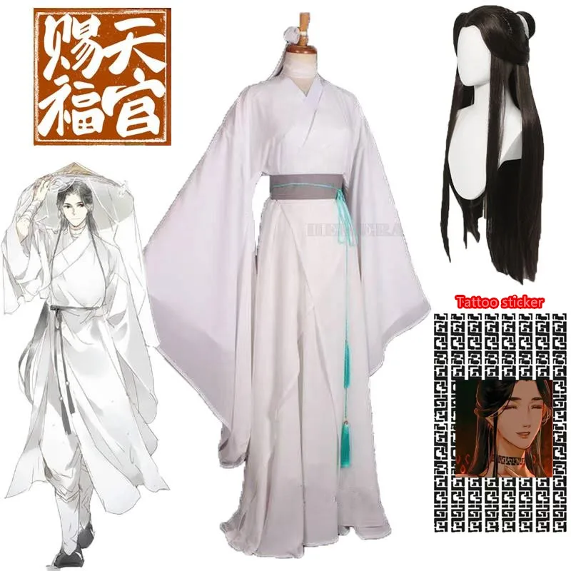 Xie Lian Cosplay Traje para Homens e Mulheres, Anime, Tian Guan Ci Fu, Trajes Xielian, Perucas Top, Halloween Prop, Roupas Han Fu Brancas