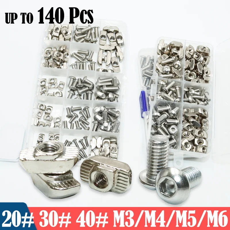 

140P/set Hex Screw and Slot T-nut Sliding T Nuts Hammer Drop In Nut Connector 2020 3030 40 Aluminum Profile Allen Furniture Bolt