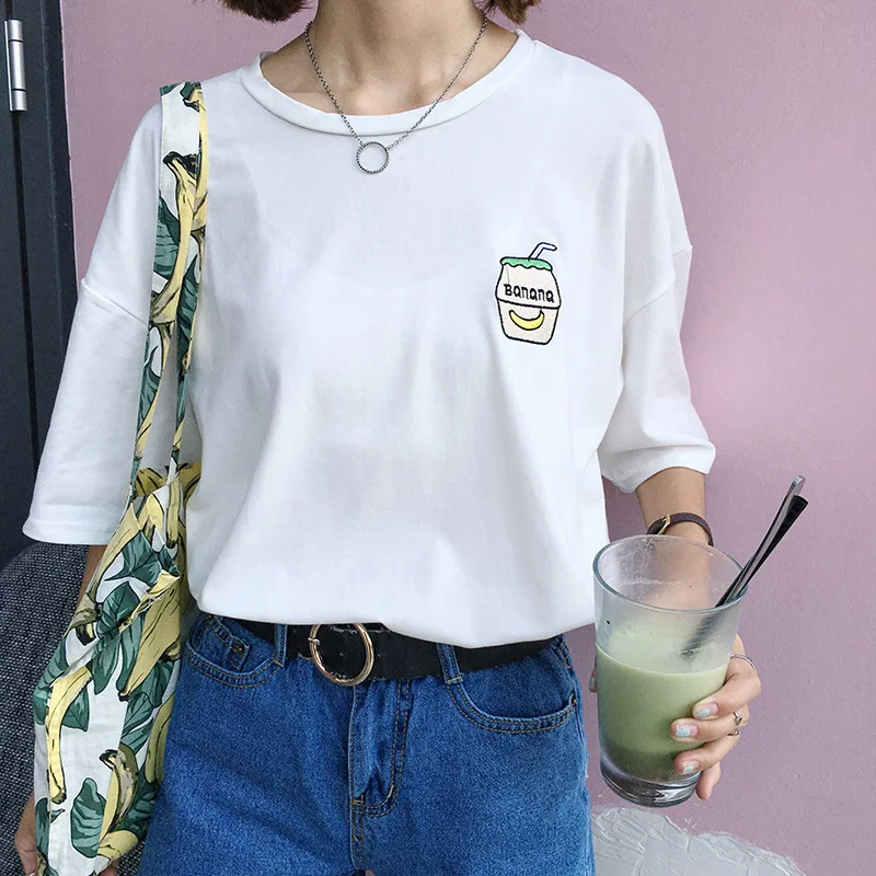 2024 Summer New Cute Banana Milk Embroidered Simple All Match Short Sleeve Female T-shirts