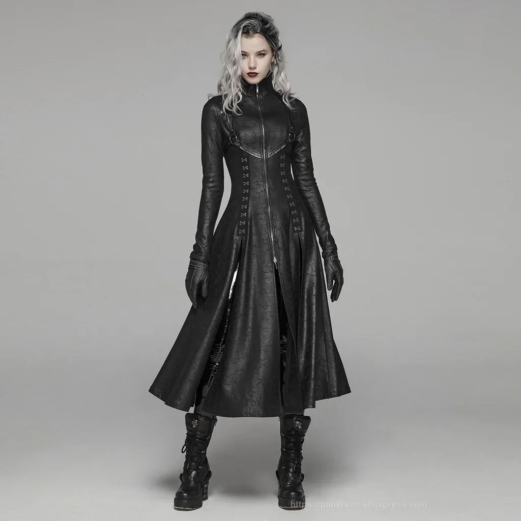 PUNK RAVE Women\'s Dark Punk Front Zipper Stand Collar Maxi Overcoat Goth Stage Performance Cosplay Womens Trench Long Coats