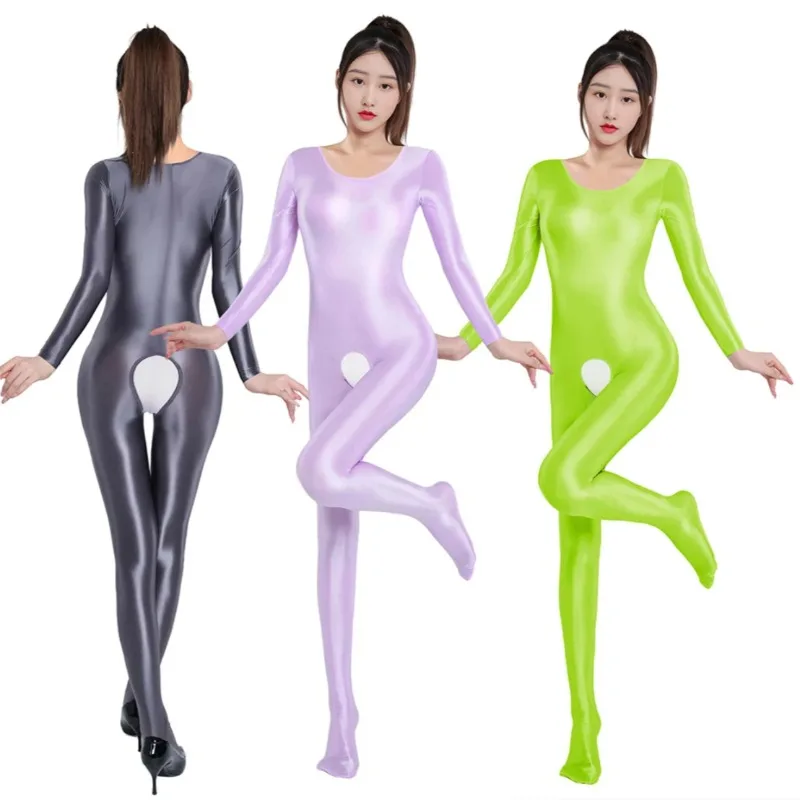 

Sexy Women Open Crotch Jumpsuit High Elastic Satin Shiny Unitard Skinny Shaper Wear Bodysuit Night Club Party Dance Tights Ootd