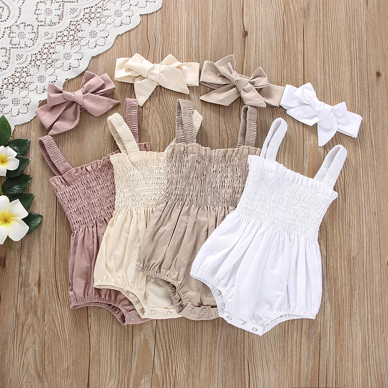 

Tregren 0-18M Newborn Baby Summer Romper Casual Solid Color Ruched Sleeveless Suspender Jumppsuit and Headband 2pcs Set Outfits