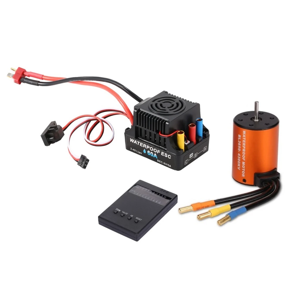 Waterproof 3650 4300KV Brushless Motor with 60A 2-4S Lipo ESC Programming Card Combo Set for 1/10 RC Car Truck