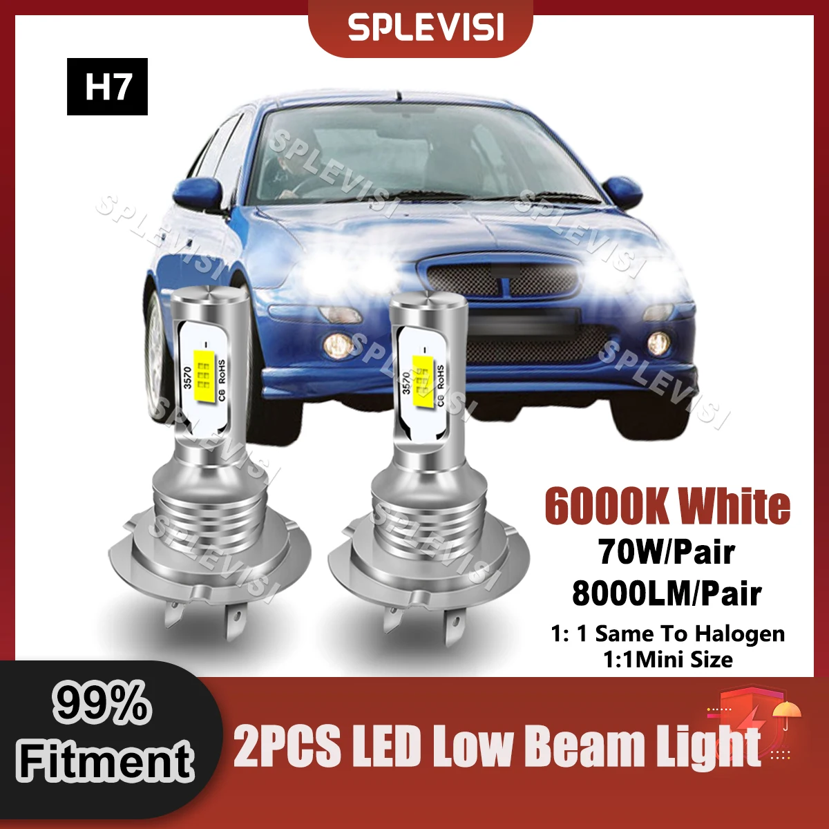 

6000K White Car Fitment Headlight H7 Low Beam 8000LM 360 Degree Beam For MG ZS 2001 2002 2003 2004 2005 Auto Lamp Bulbs