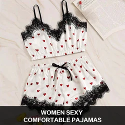 2PCS Women Pajama Suit Fashion V-Neck Stretch Satin Lace Sexy Lingerie Bowknot Pyjamas Sleep Shorts Set Sleepwear New