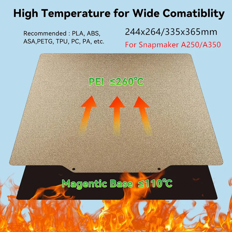 

Snapmaker A250/A350 Build Plate PEI Spring Steel Sheet 244x264/335x365mm Double Sided Textured PEI Magnetic Flexible Heated Bed