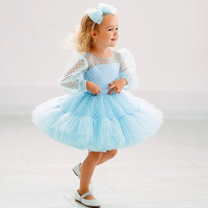 

Eightree Blue Summer Girl Dress Birthday Party Princess Dress Children Polka Dots Gown Flower Girl Wedding Dresses Customzied