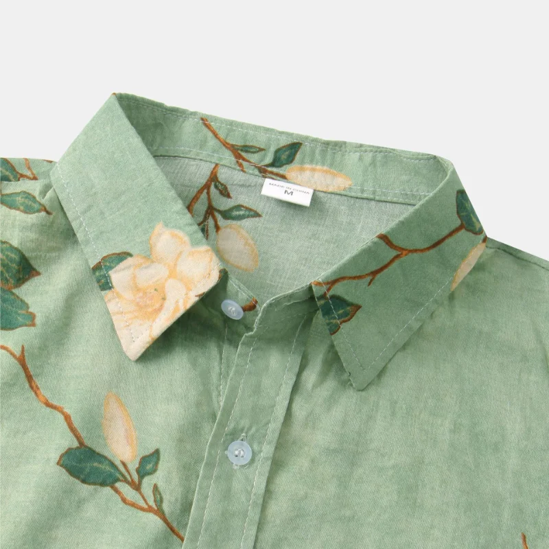 Men Hawaiian Style Short Sleeve Shirt, Summer Casual Floral Print, Green Button Down Shirt, Loose Women Vintage Flower Beach Top