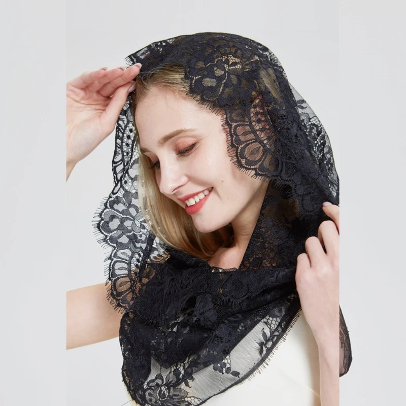 Women Lace Mantilla Veil Headscarf Embroidery Lace Church Scarf Female Solid Color Head Covering Shawl Shoulder Wrap Mini Cape