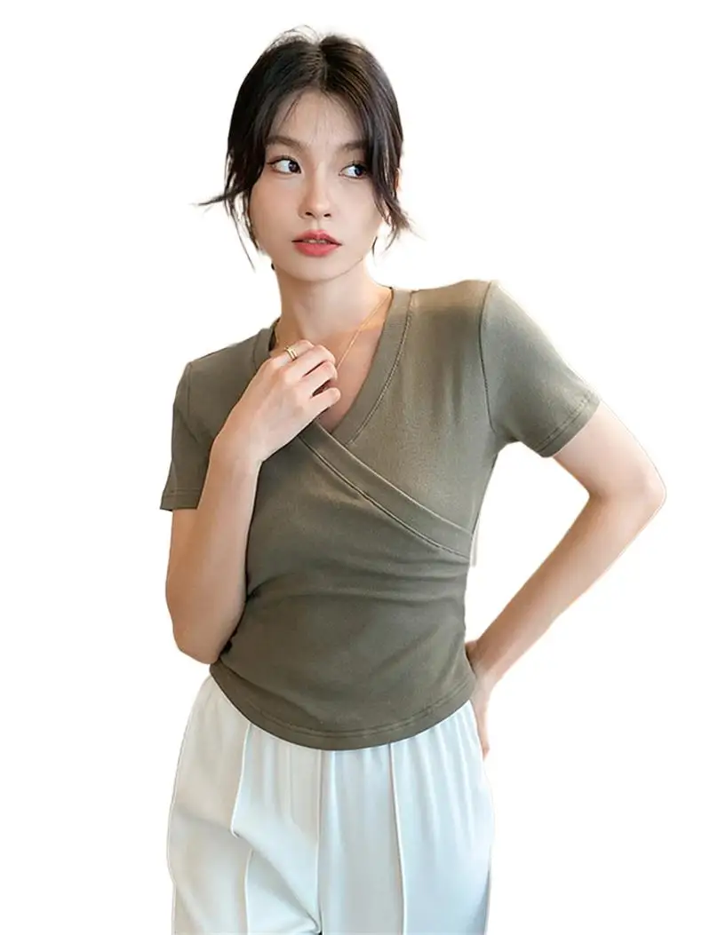 Summer Knitted Cotton Feminine Design Sense Unique Cross Chest V-neck Tops Tight Fitting Basics Solid Chic Ladies Blouses