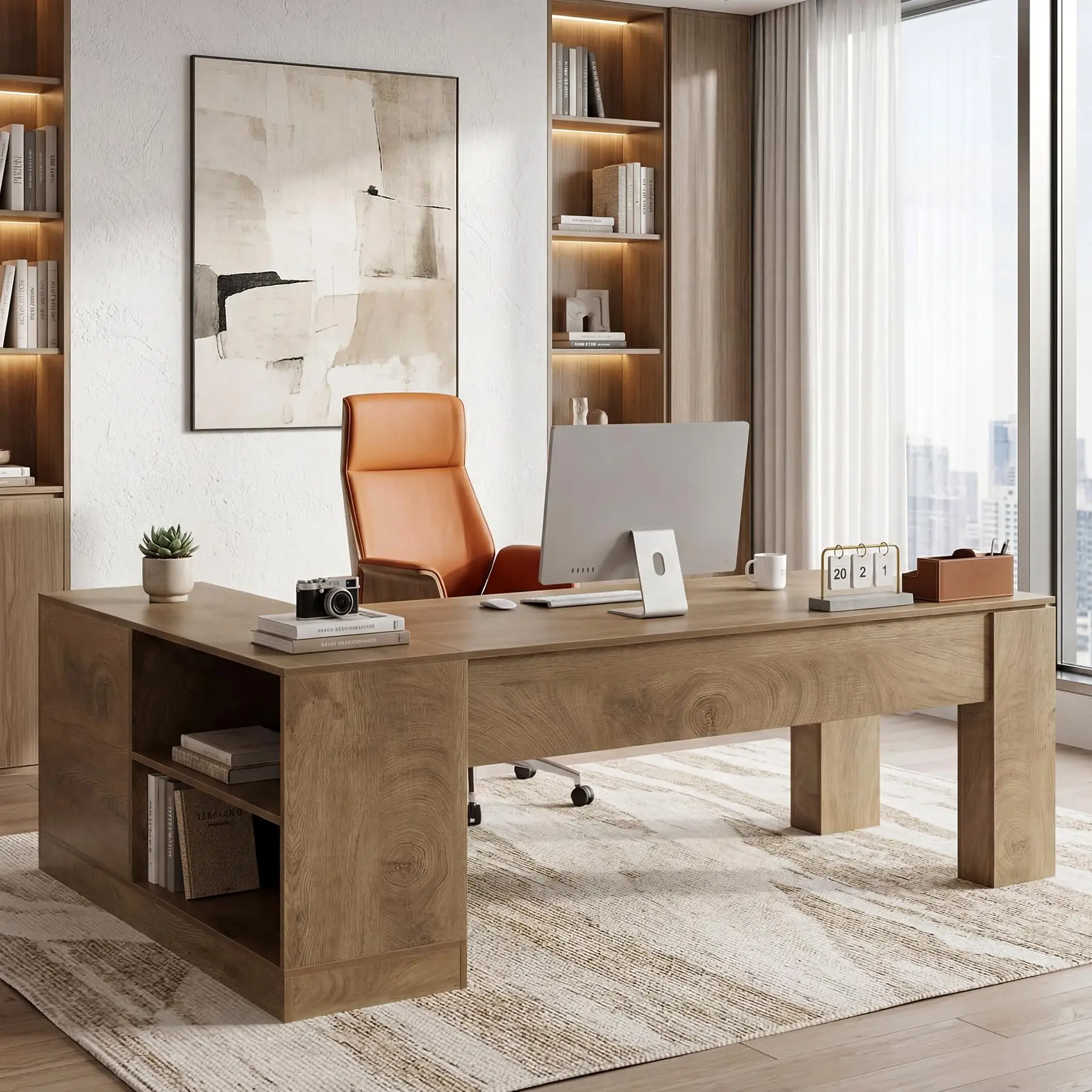 

78.7 Inch L Shaped Executive Office Desk With Open Shelves Storage Brown Wooden Computer Desk