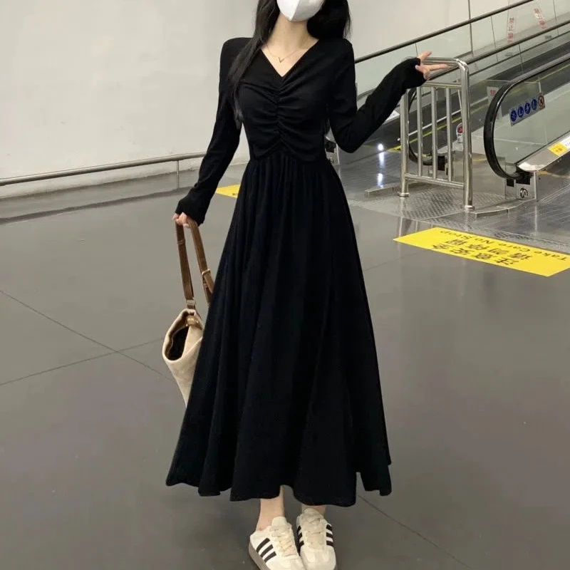 

French Style Fashion Dresses Sping New Women Solid V-Neck Pleated Temperament Long Sleeve Slim Mid-length A-line Corset Dress