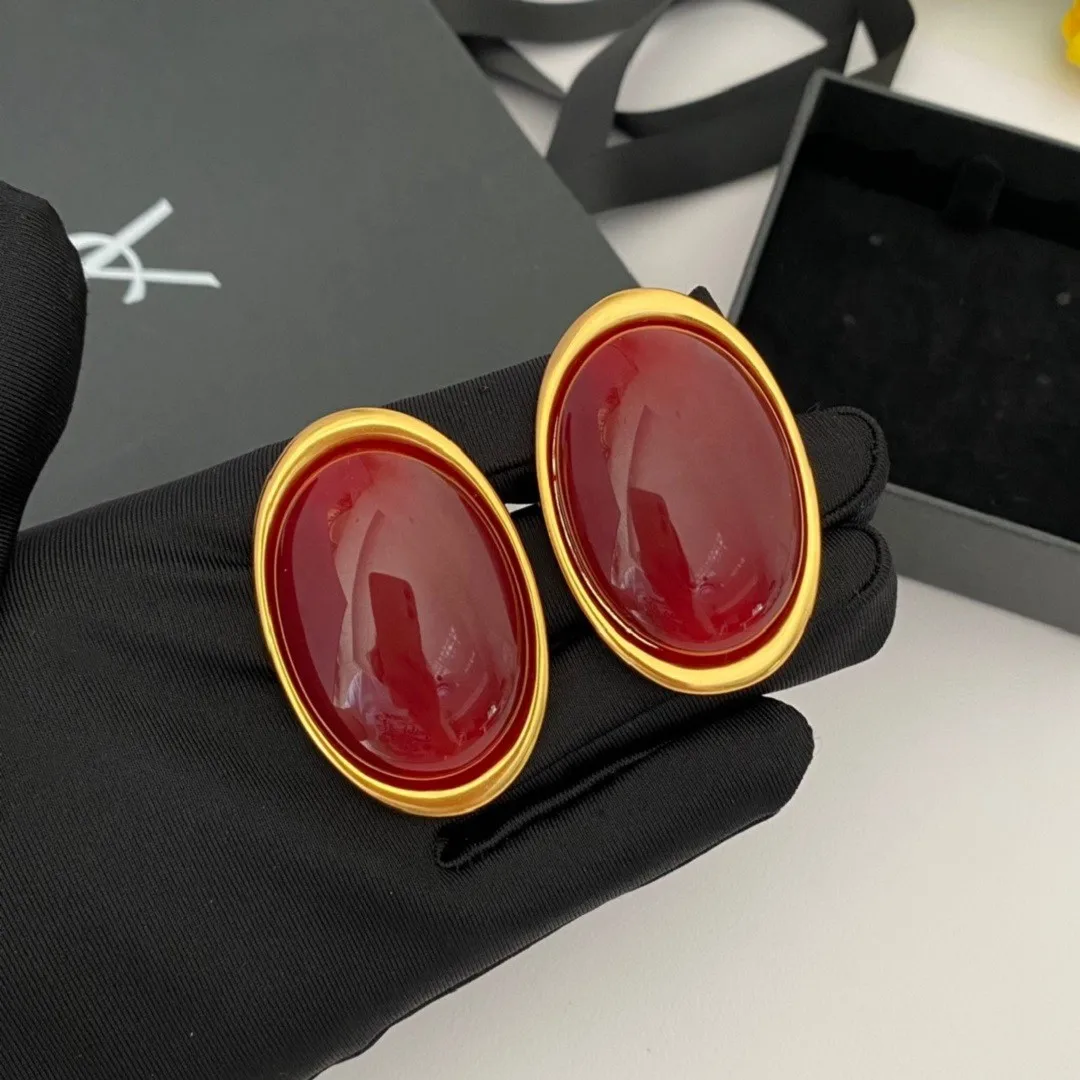 

European and American Fashion Exaggerated Oval Ear Clip Vintage Light Luxury Glass Earrings Women's Jewelry