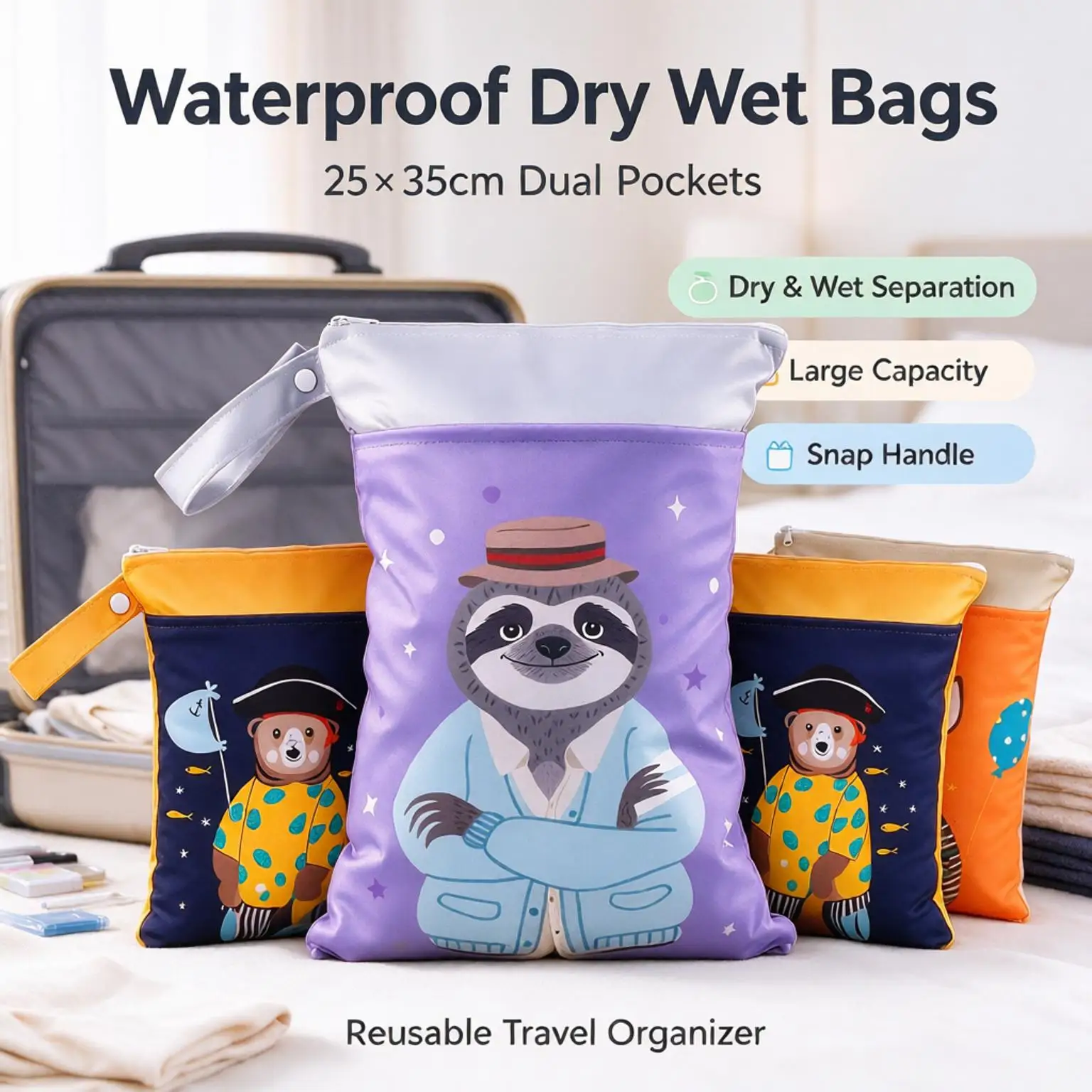 25x35cm Portable Wet Dry Bag Cartoon Printed Double Pocket Storage Bag Waterproof Crib Hanging Organizer For Baby Travel Outdoor
