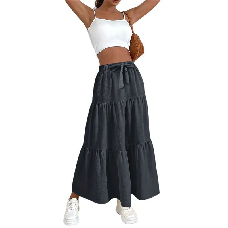 

A09P Women High Waisted Flowy Tiered Linen Skirt Casual Pleated A-Line Beach Long Skirts With Tie