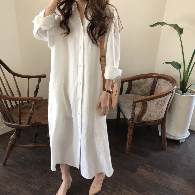 Fashion Long Sleeve Women Shirt Dress White Loose Casual Elegant Dresses Beach Sunscreen clothing