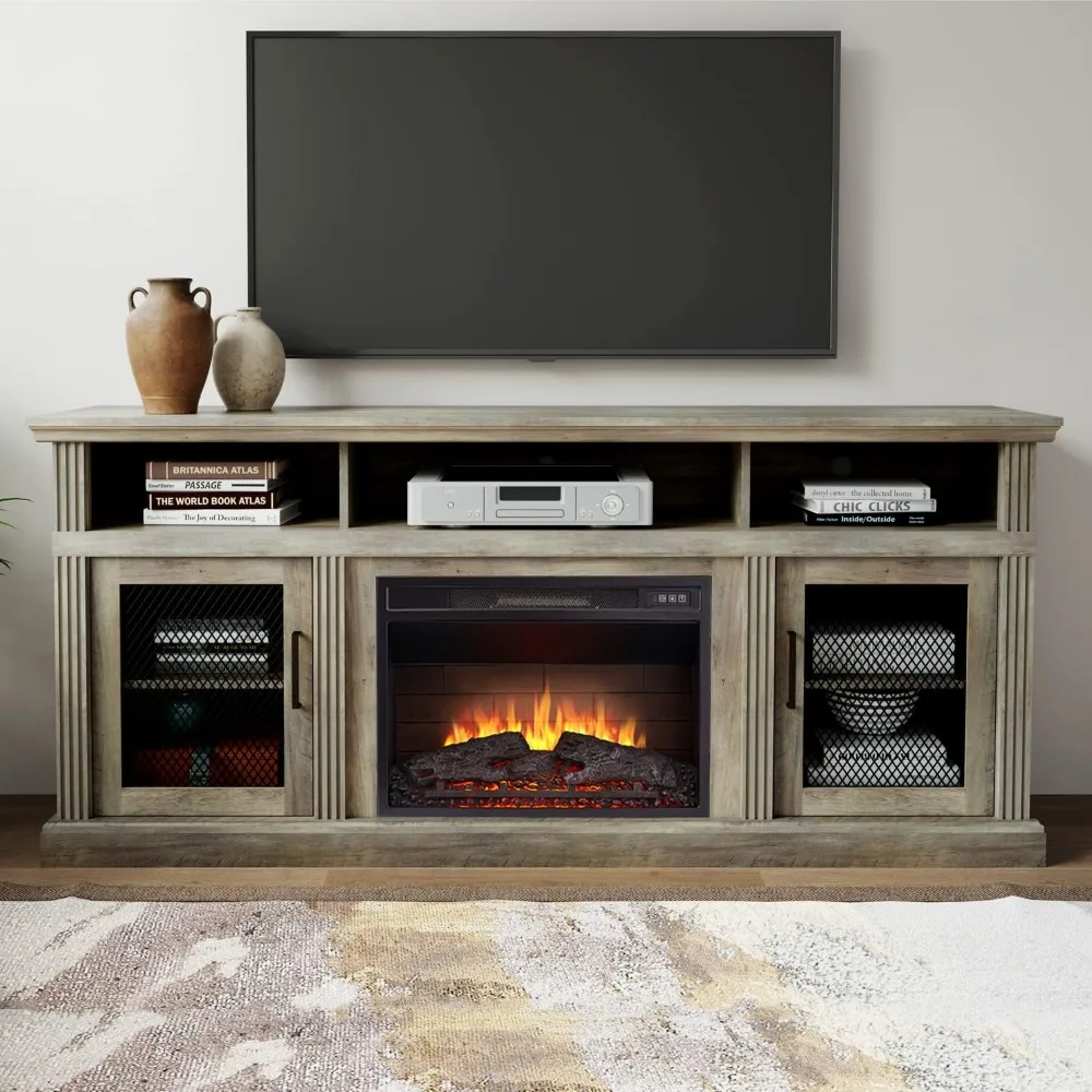 3D Fireplace TV Stand for TVs up to 80’’, Wooden Media Entertainment Center Table & TV Cabinets w/Storage Shelves