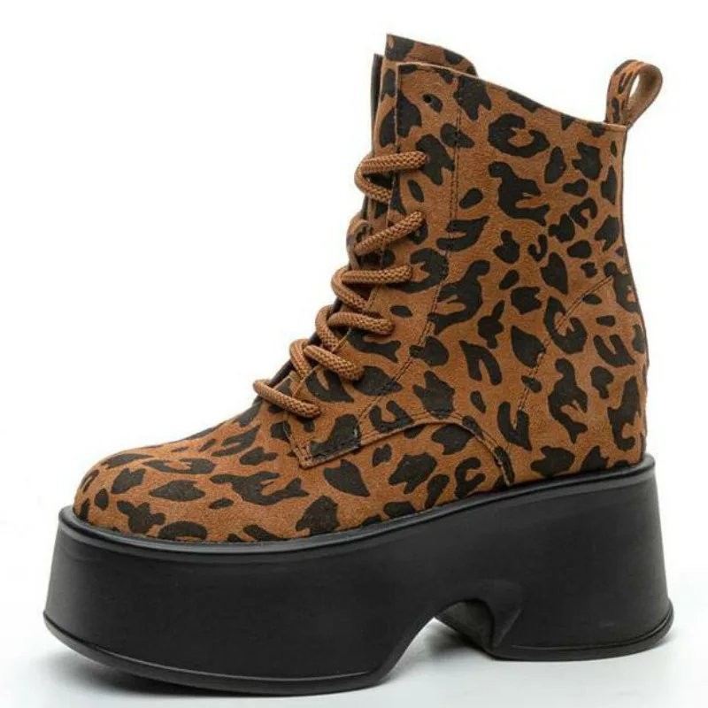 

11CM Spirt Leather Women Spring Leopard Ankle Boots Platform Hidden Heel Booties Winter Fashion Autumn Plush Thick Soled Shoes