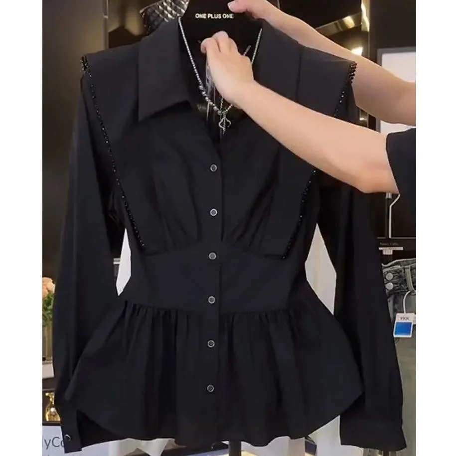 Camicia a maniche lunghe pieghettata stile francese Donna Primavera Autunno Nuovo risvolto monopetto Top Camicetta sottile versatile alla moda