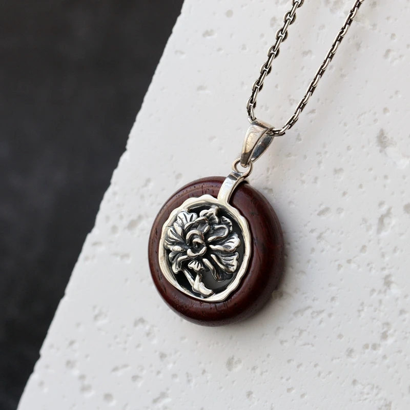 

Authentic 925 Sterling Silver Pendant Retro Style Natural Rosewood Circular Pendants Women Trendy Creative Jewelry Gift