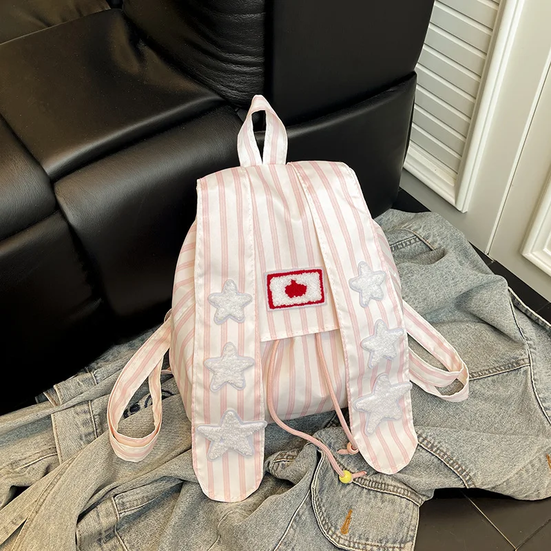 Cute Bunny Ears Stripe Backpack for Women Casual Star Patchwork Girls Shoulder Bag Lightweight Portable College Student Handbag