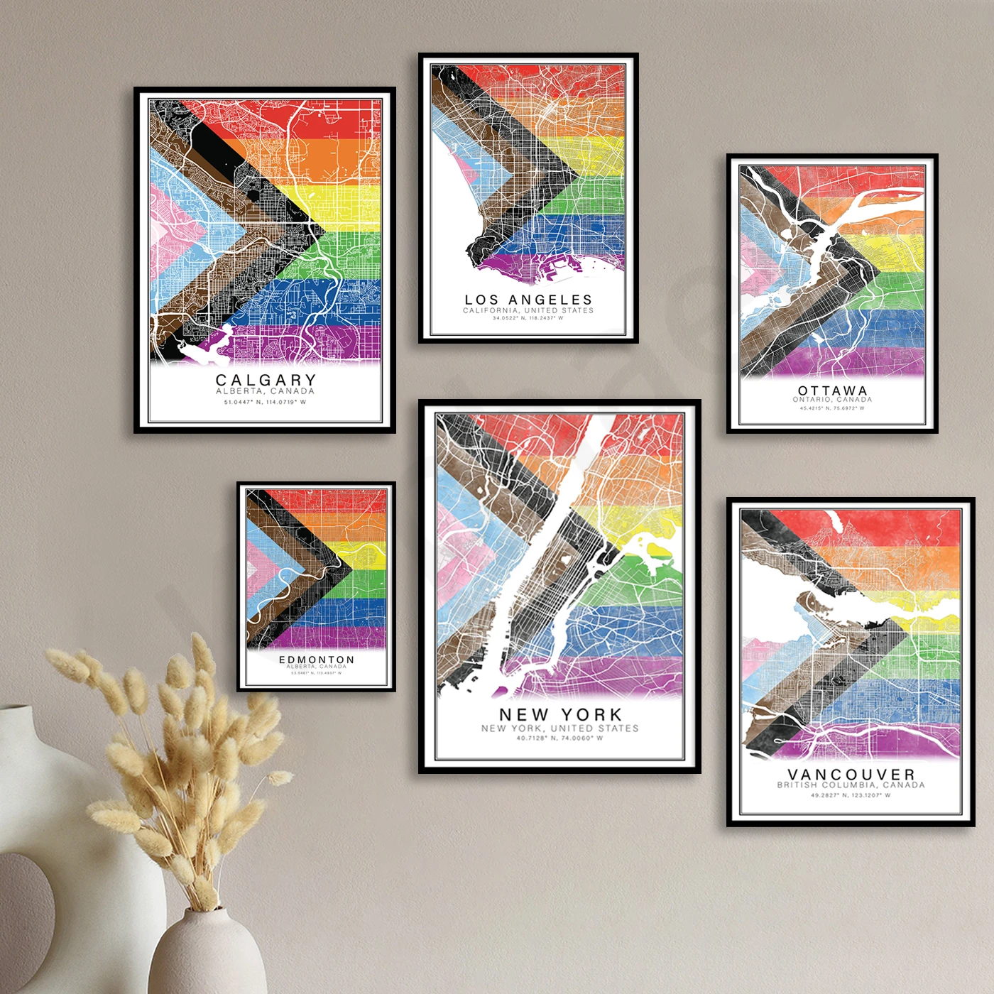 نيويورك إدمونتون فانكوفر أوتاوا لوس أنجلوس كالغاري مونتريال. خريطة ألوان المدينة. ملصق فني لتزيين جدران المنزل