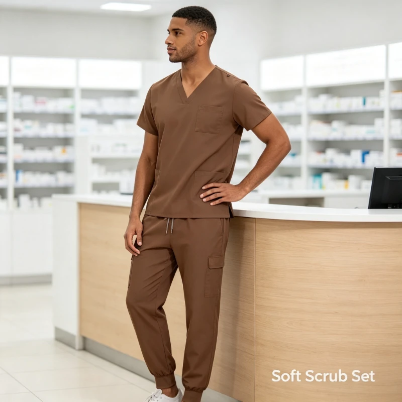 Mens Lightweight Quick Dry Scrub Set V Neck Short Sleeve Workwear For Clinic Salon