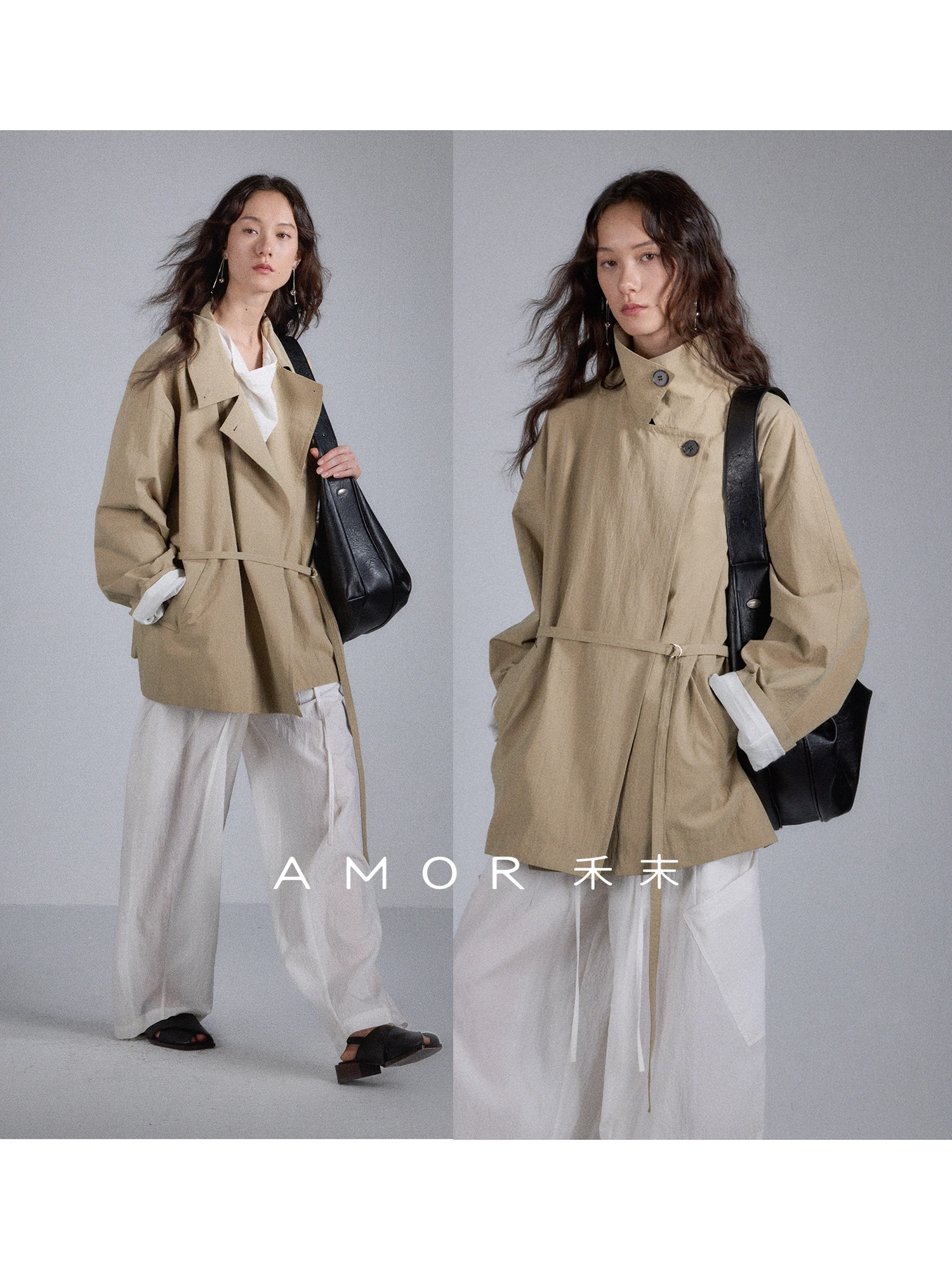 

Свободная укороченная ветровка для женщин в повседневном стиле с воротником-стойкой и поясом AMOR "Hazy Town Traveller" – модная верхняя одежда