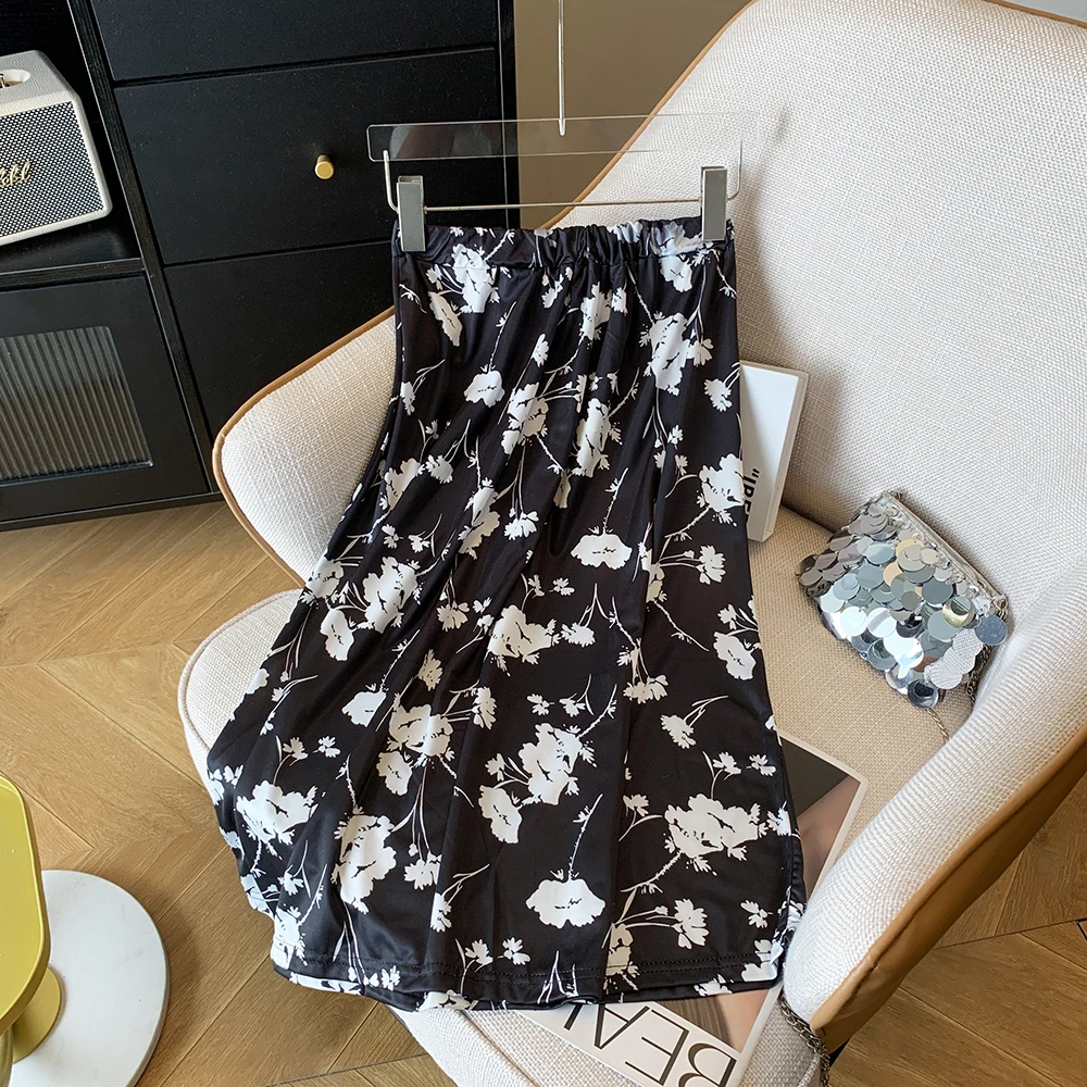 Summer Skirt Womens A-Line Skirts Fashion Vintage Floral Printed Chiffon Skirts Elastic High Waist Casual Midi Beach Skirts