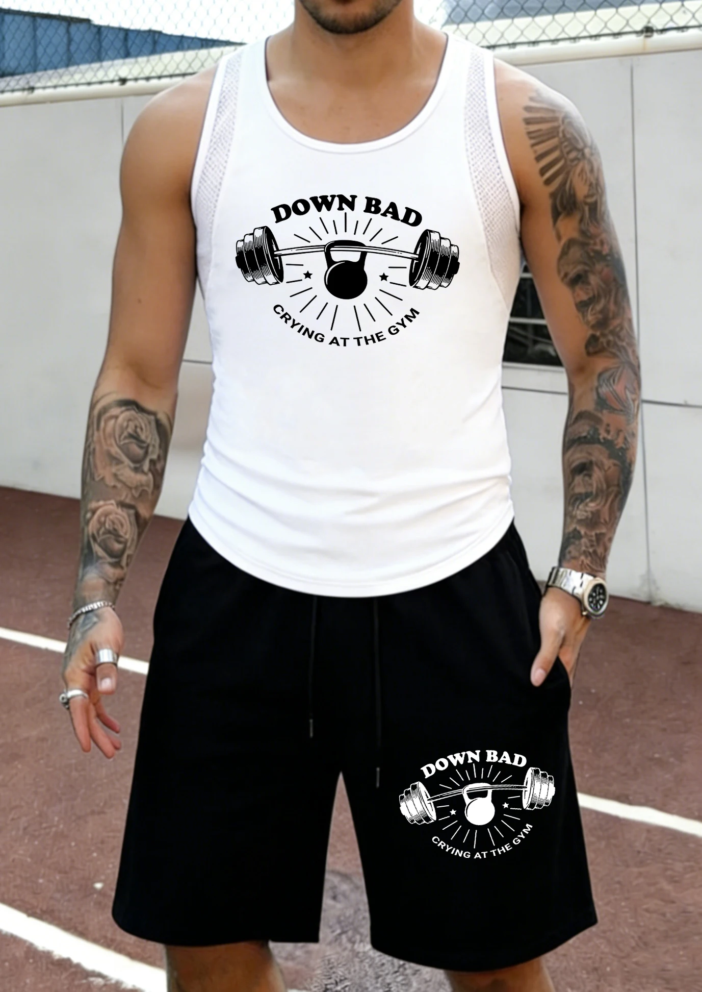 

Down Bad Crying At The Gym Printing Man Summer Mesh Quick Dry Vest Set Fitness Running Sportswears Classic Pocket Jogging Shorts