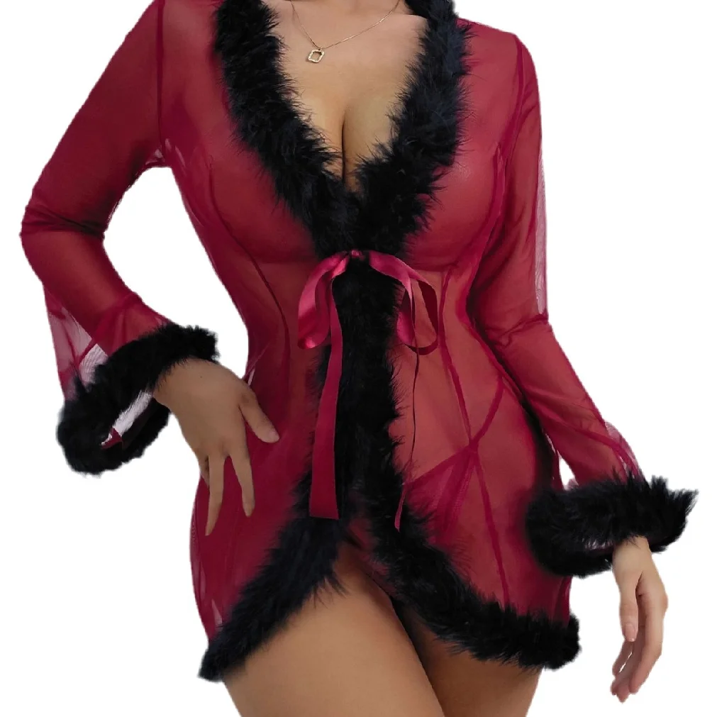 Sexy Netted Fur Robe Lingerie Set for Women - Sensual Sleepwear & Underwear Combo for Adults