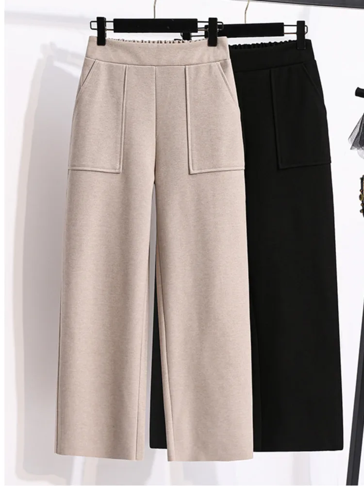 

Plus Size Pants Autumn Winter Warm Woolen Wide Leg Pant For Women High Waist Pockets Trousers High Quality Casual Pant 5XL Cloth