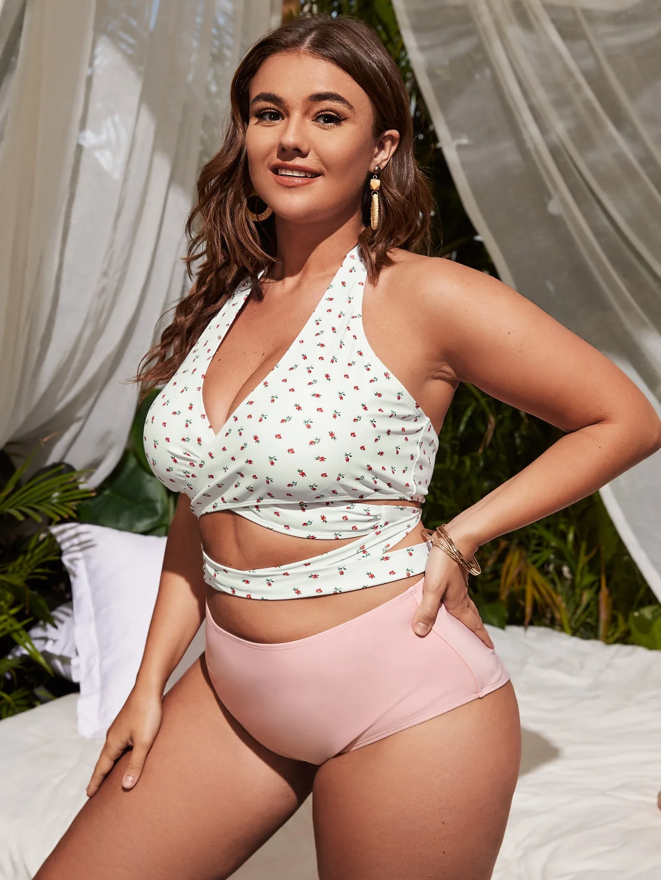 Damski strój kąpielowy dwuczęściowy Plus Size zestaw Bikini z nadrukiem sznurowanie z przodu bandaż strój kąpielowy kostiumy kąpielowe kontroli