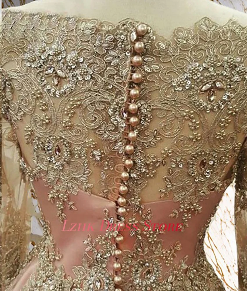 Personalizzato di lusso con paillettes applicazioni di cristallo bottoni perle a-line abito da sera in raso moda maniche lunghe o-collo abiti da festa