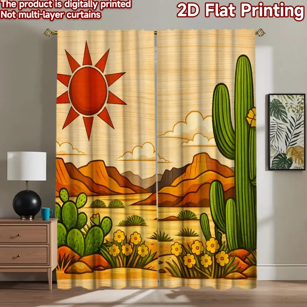 Boho Desert Sunset Cacti Curtains 2pcs Tropical Succulent Landscape Window Drapes Boho Style Home Decor