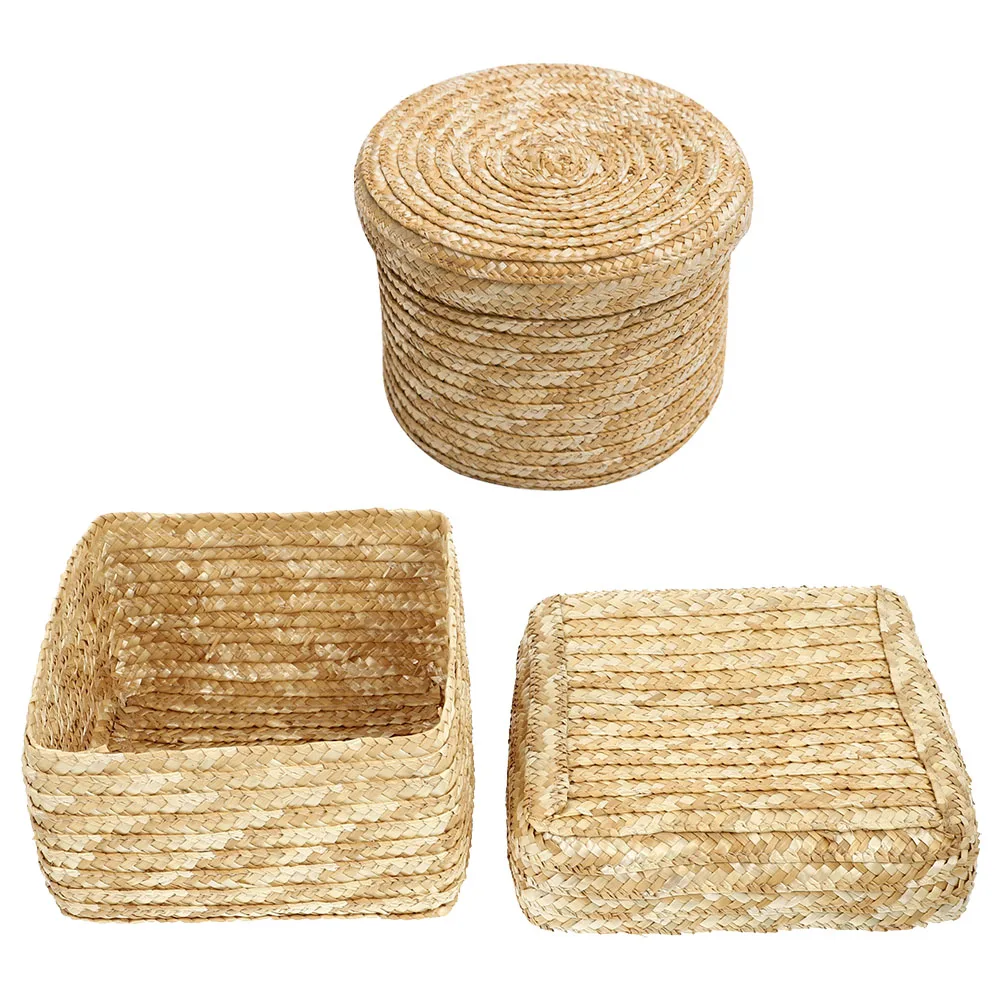 

2 Pcs Straw Woven Storage Basket Wicker Toy Case Clothes ganizer Multifunctional Holder Home Decor Natural Look Basket Lid