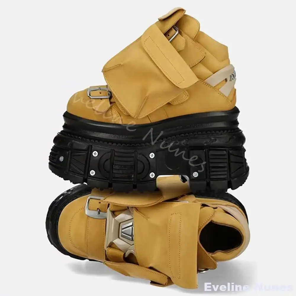 Pocket Punk Tank Shoes Women Platform Round Toe Belt Buckle Cross Tied Gothic Rock Short Boots New Metal Motorcycle Punk Shoes