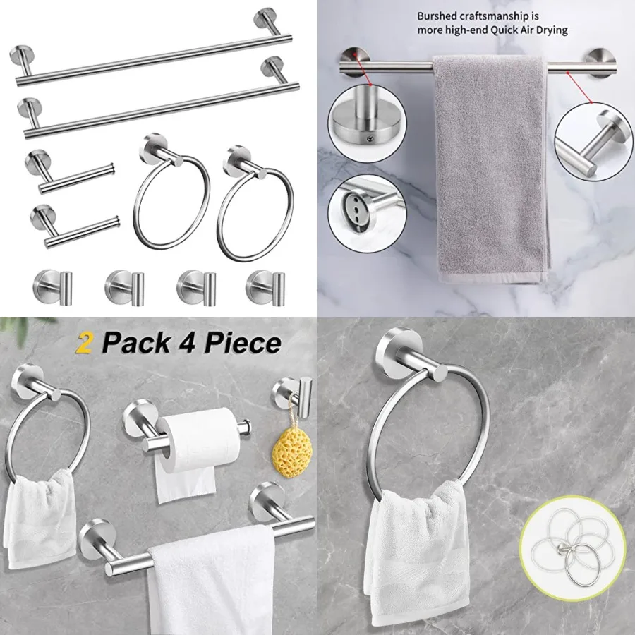

0 Pcs Bathroom Accessories Set, 6 inch Bathroon Hardware Set Towel Bar Ring Toilet Paper Holder Robe Towel Hook SUS304 Stainles