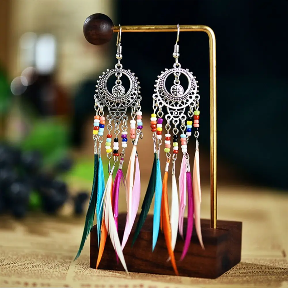 Jewelry Boho Vintage Ethnic Women Female Feather Dangle Drop Earrings Golden Silver Rainbow Beads