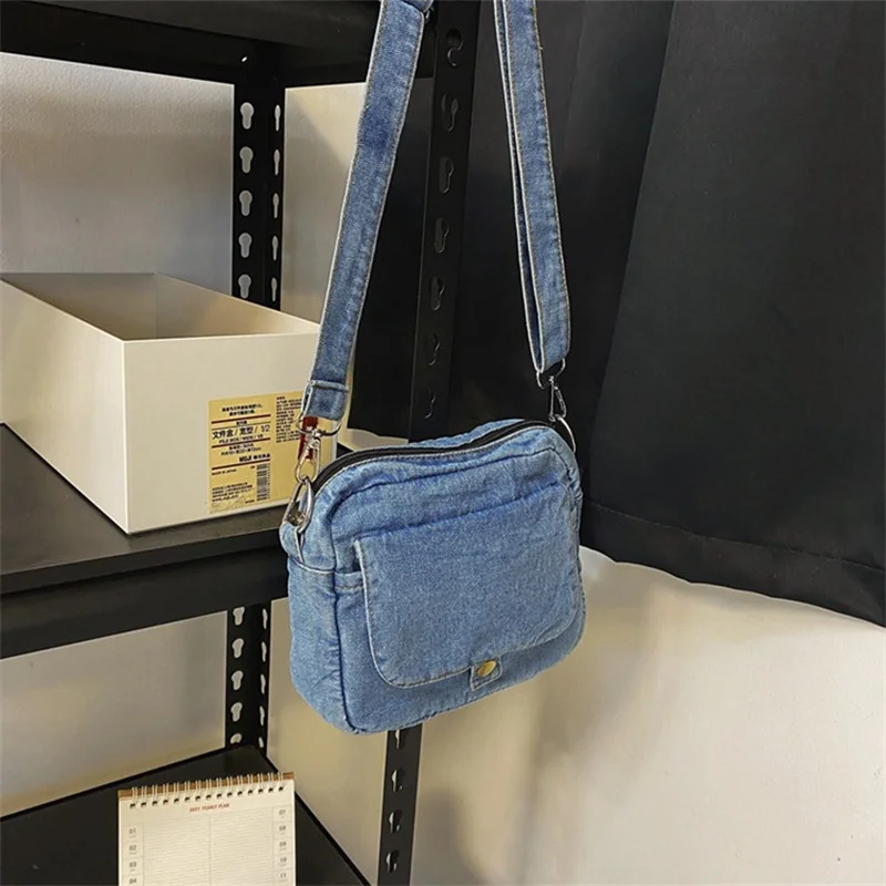 Lady Small Vintage Denim Fabric Messenger Bag Women Jean Sling Shoulder Crossbody College Girls Denim Bag