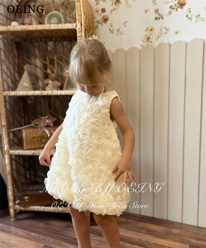 

OEING Cute Ivory Ball Flower Girl Dresses O-Neck 3D Floral Midi Wedding Party Girl Dress Princess Birthday Dress Customized