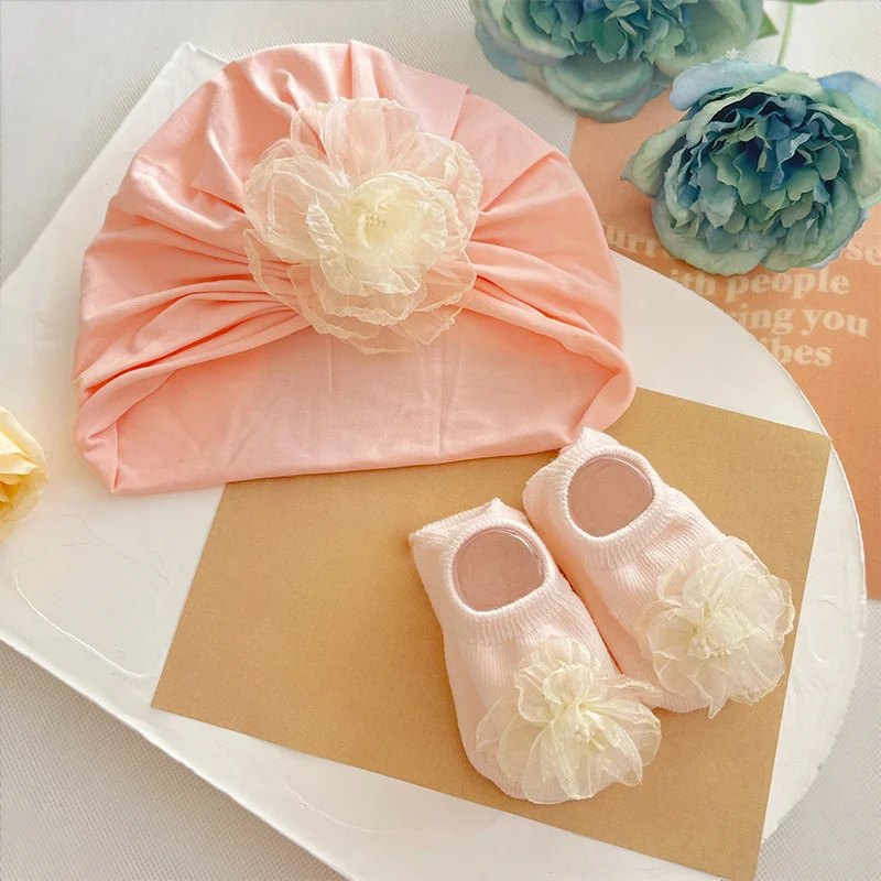 2PCS/Set Baby Girl Turban Cap Socks Lace Flower Newborn Indian Caps Headscarf Hats Soft Cotton Kids Boat Socks Gift for Girl