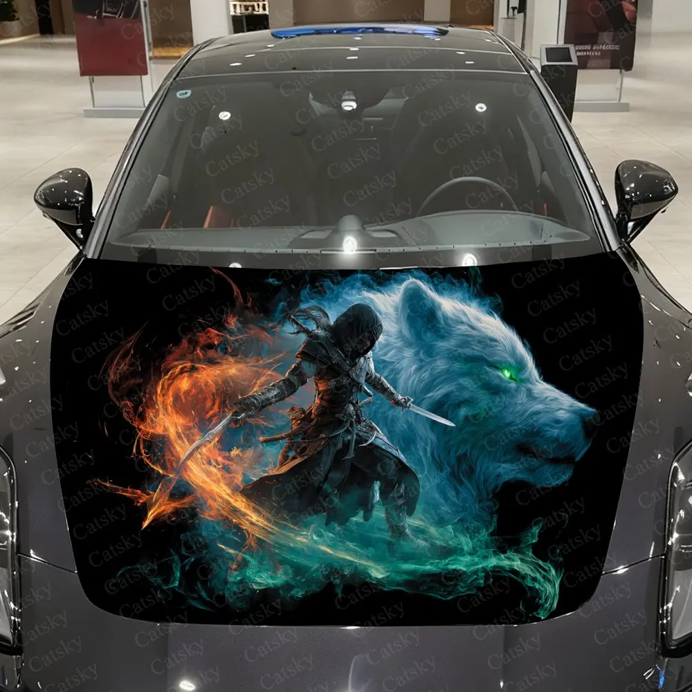 Dual-Sword Warrior and Wolf Spirit Car Vinyl Wrap, PVC Material Waterproof Car Hood Sticker, Self-Adhesive Scratch-Resistant Sti